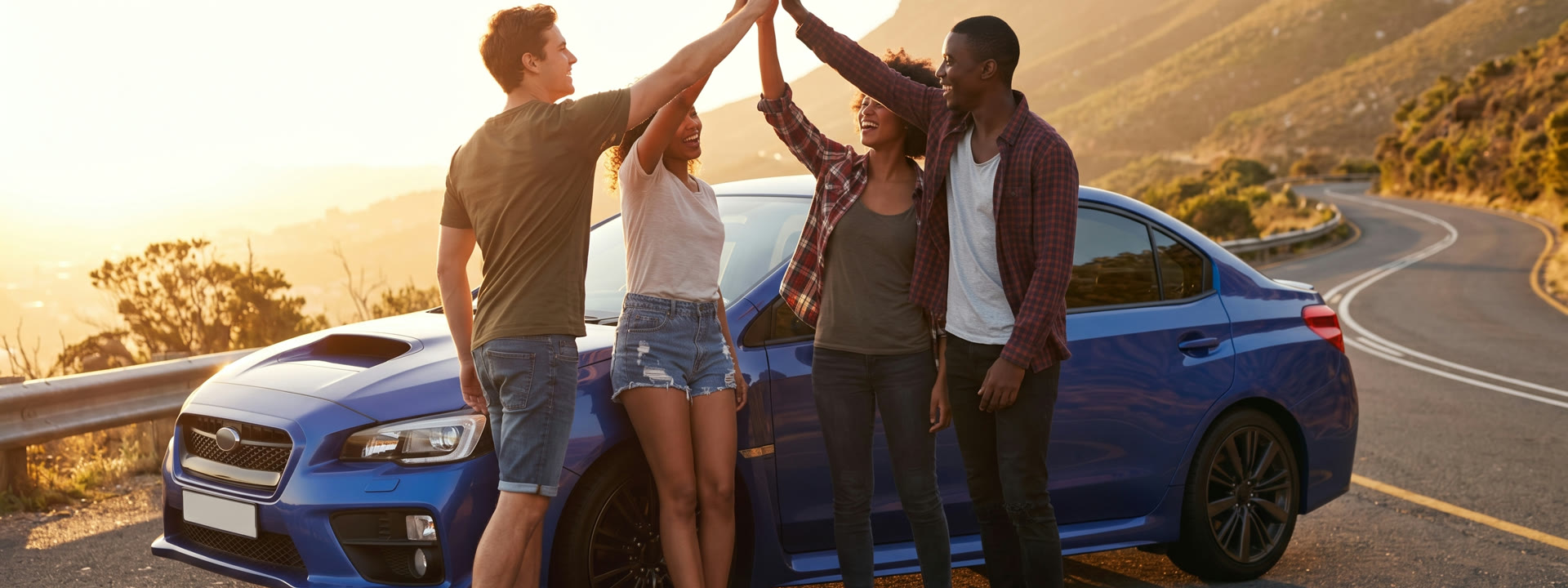 Friends celebrating beside their vehicle